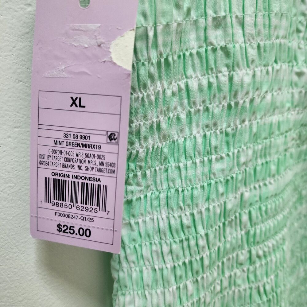 Mint Green/White Gingham Smocked Straight Neck Strappy Ruffle Mini Sundress XL - Picture 3 of 4